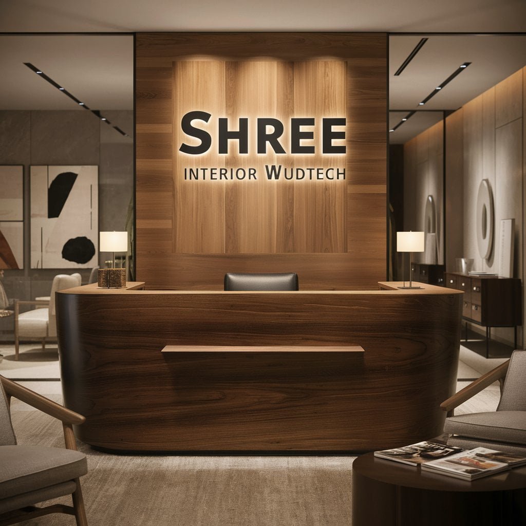 INTERIOR DESIGN reception desk SIGN BOARD WRITE "SHREE INTERIOR WUDTECH"