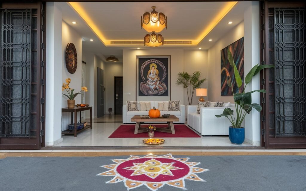 Home interior and colorful rangoli