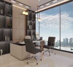 Home office furniture and setup with desk, chair and storage